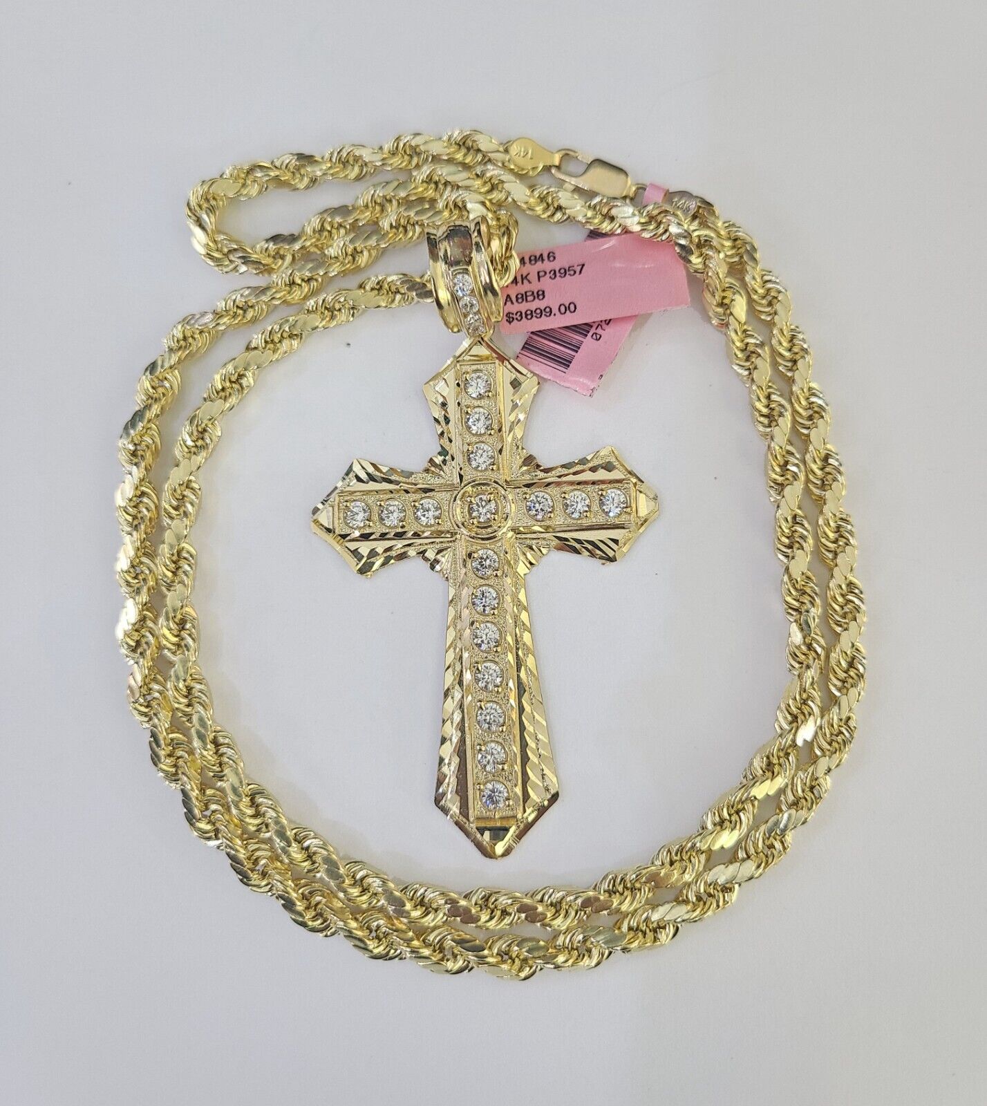 Real 14k Rope Chain Jesus Cross Charm Yellow Gold Set 5mm 20" - 30" Necklace
